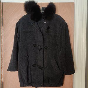 Vintage Gray Wool Coat with Black Fur Trimmed Hood